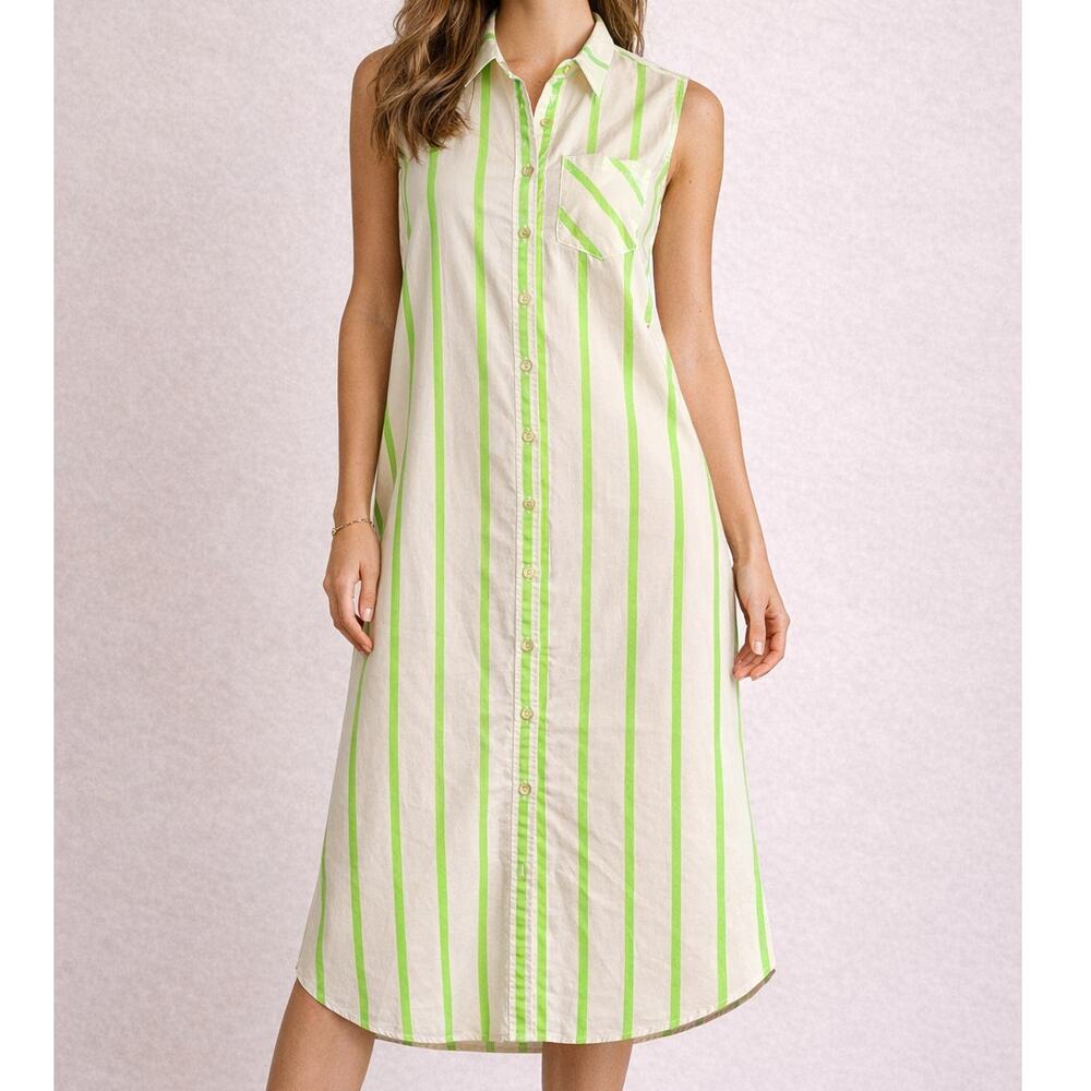 Entro Striped Midi Shirt Dress Green Stripe Cotton Sleeveless Resort Wear Size M